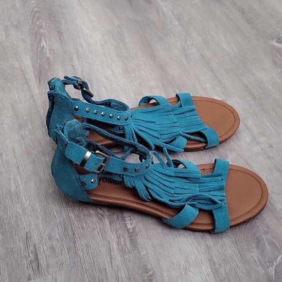 MINNETONKA Women's Sandals Suede Fringe Wedge wedge Turquoise  Size 6 - Picture 4 of 11